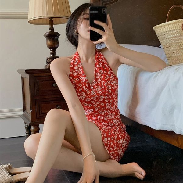 

casual dresses korean dress backless slim hips covered short skirt vneck floral halter 230410, Black;gray