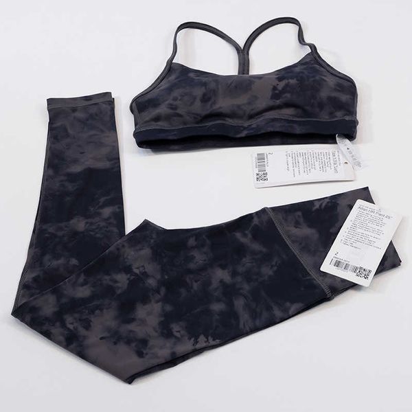 

LU-010 Tie-dyeing Set Double-sided Matted Yoga Suit Sports Women's Tight Pants Bra Underwear Fitness Fashion Gym Clothes, Ink grey tie dyed set