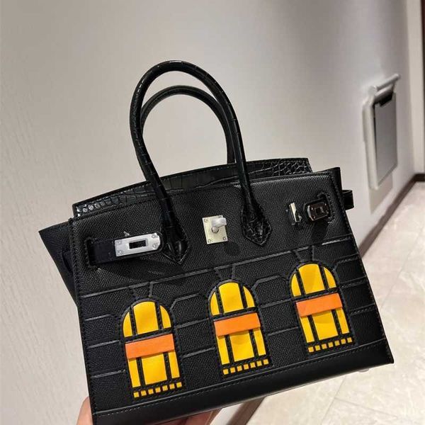 

designer birkin bag h erme 2023 french style extreme night snow house sewn outside the house ep leather with crocodile pattern 25cm zc