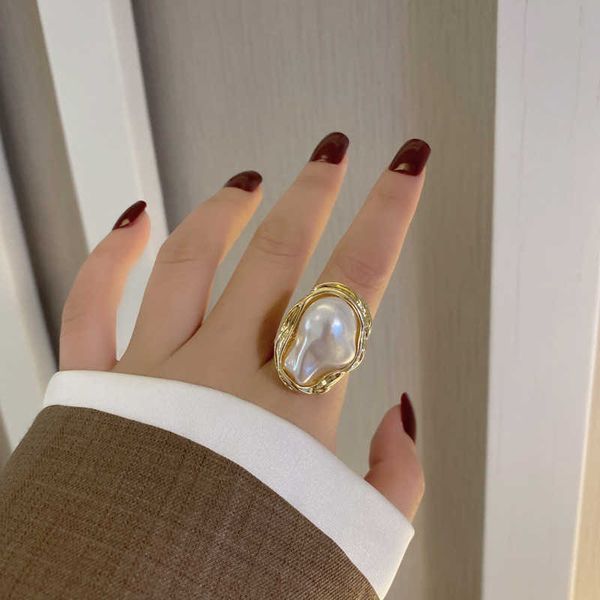 

band rings fashion geometrical irregular baroque pearl ring for women vintage open adjustable index finger rings party jewelry p230411, Silver