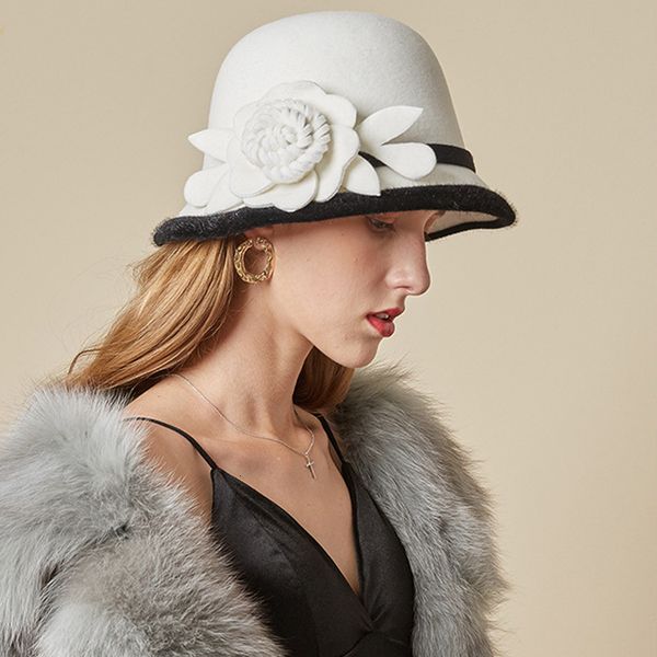 

stingy brim hats flower fedoras hats for winter autumn elegant british ladies wool fisherman cap female church jazz hat luxury party felted, Blue;gray