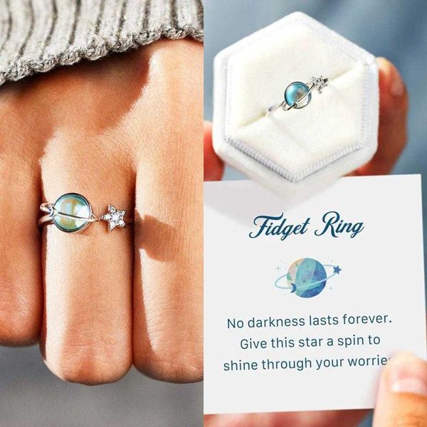 

band rings fidget rotating ring moonstone star moon rhinestone spinner ring adjustable open anxiety stress relief ring gifts for women men p, Silver