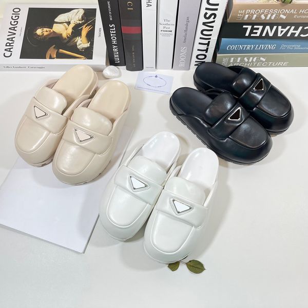 

soft padded nappa leather slippers slide summer platform sandals shoes slip-on triangle logo flats sandal women luxury designer slides slipp, Black