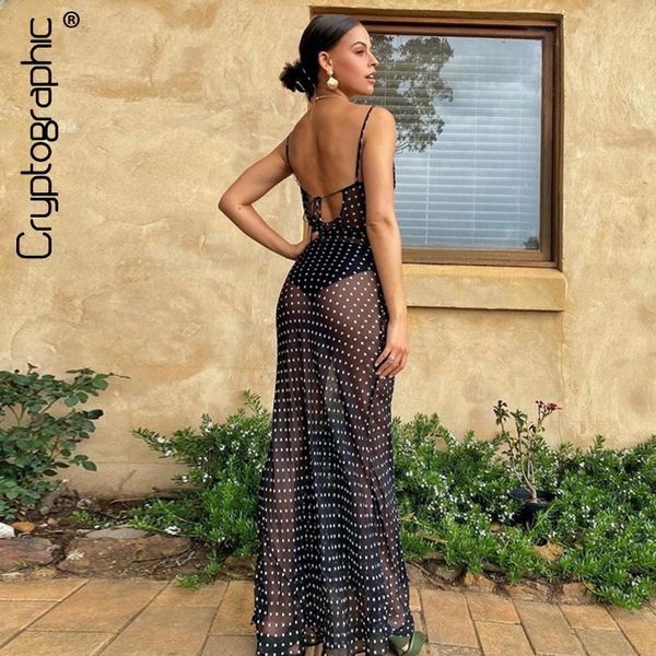 

casual dresses cryptographic spaghetti strap polka dot maxi backles party club black mesh see through dress elegant 230411, Black;gray