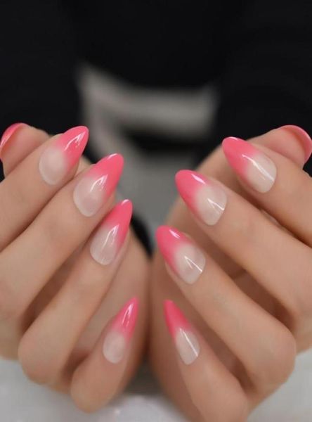 

false nails french peach pink fake nail full almond daily artificial gradient shiny stiletto manicure accessories6816834, Red;gold