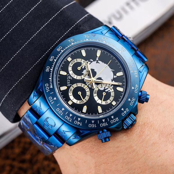 

vintage watch luxury mens blue case skeleton watches quartz chronograph function sapphire glass tona stainless steel strap male swatch, Slivery;brown