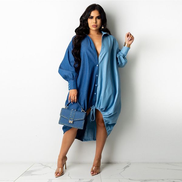 

plus size dresses size women clothing patchwork long sleeve fashion v neck blouse dress 2023 spring party gowns outfit wholesale 230410, Black