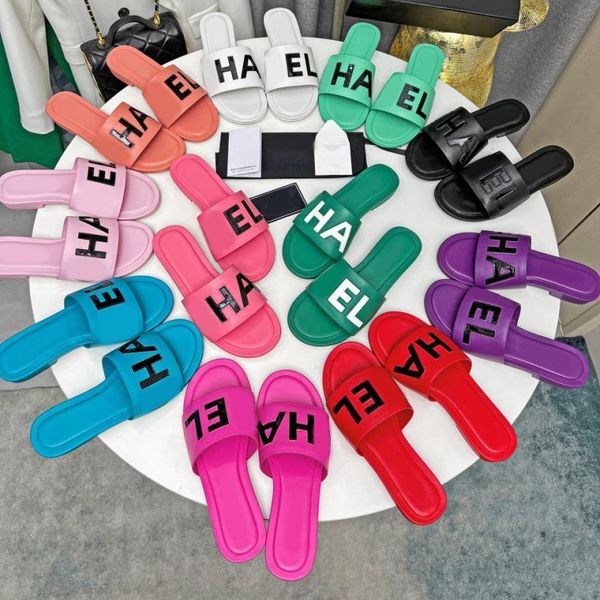 

real 100% leather womens slippers logo mules slides slip on flat heel sandal paris cha designer fashion flip flops lady brand slider shoes l, Black