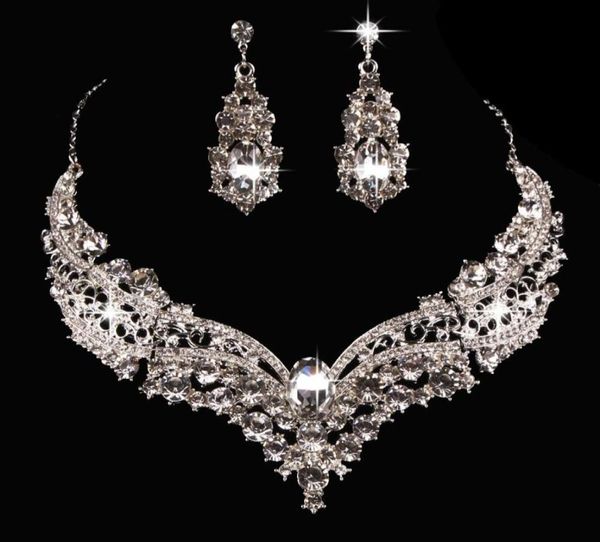 

bridal jewelry drop earrings european and american popular big brand alloy full diamond sets necklace for party wedding8021696, White