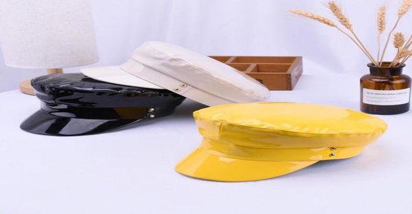 

stingy brim hats batcave synthetic leather bright octagonal cap navy beret hat punk death rock bondage stage show16045071, Blue;gray