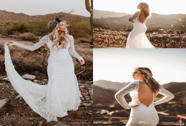 

lover society country mermaid wedding dresses with long sleeves modest vintage backless bohemian lace bridal wedding gown1181357, White