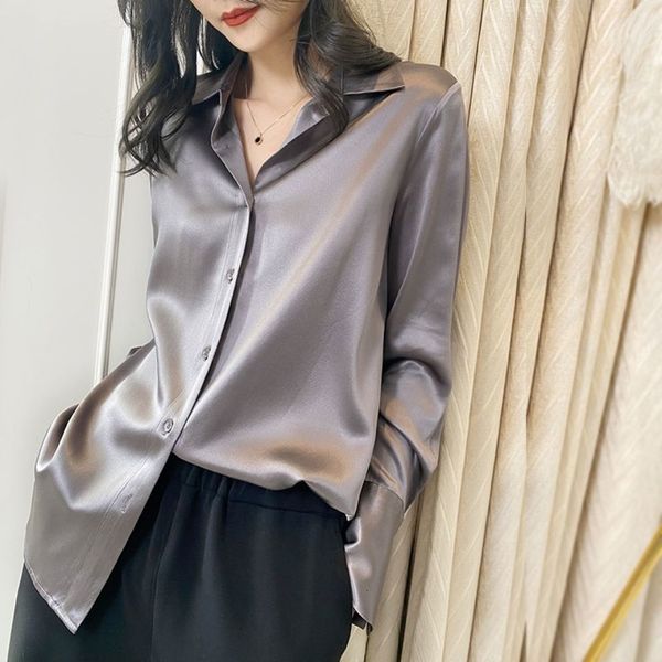 

women's blouses shirts office silk satin shirt ladies simple blouse spring autumn women clothing korean loose ol grey shirt blusas muj, White