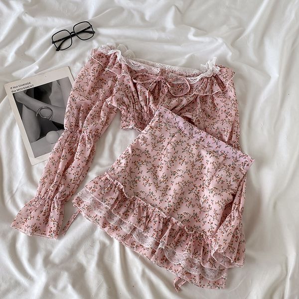 

two piece dress flower print set womens long sleeve bandage cropped high waist lace mini summer two piece set 230410, White