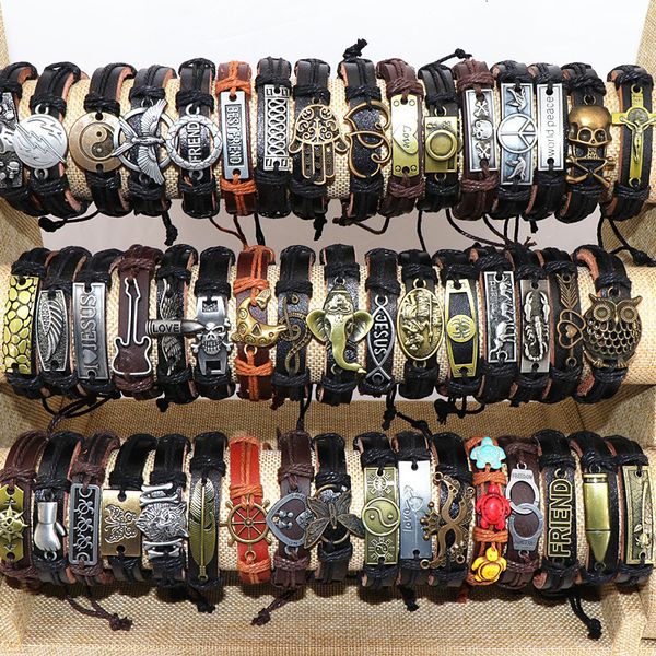

bangle wholesale 50pcs/lot leather metal charm bracelets for men vintage wrist cuff bracelets for women gifts jewelry mix style 230411, Black