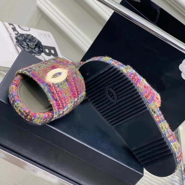 

women girls leather tweed slides slippers multicolors confetti flats mules branded sandals slip on thick bottom espadrilles summer shoes cau, Black