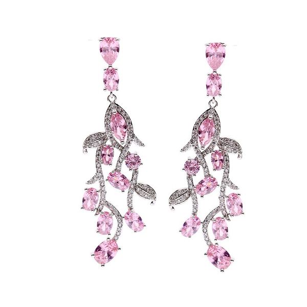 

luxury designer pink crystal leaf dangle earrings for women french sweet style diamond geometry hanging stud ear rings female ear jewellry, Silver