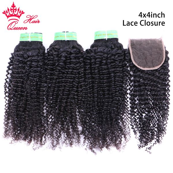 

mongolian kinky curly bundles with lace closure 100% human raw hair bundles with closure virgin hair weaves queen hair products, Black;brown