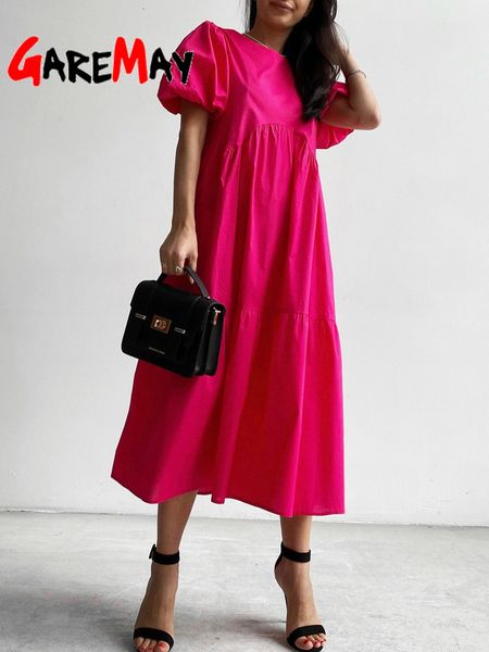 

casual dresse summer maxi 100 cotton o neck a line oversize short sleeve midi puff white green long 230411, Black;gray