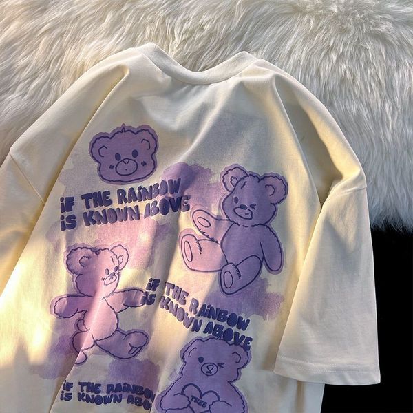 

men's tshirts 2023 cute bear pure cotton american retro shortsleeved tshirt mens and womens loose korean version y2k couple casual wild, White;black