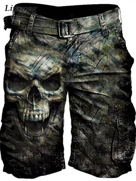 

men s shorts vintage mens cargo summer casual mid waist stitching pockets loose short pant fashion skull printed men streetwear 230411, White;black