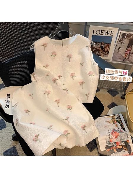

two piece dress summer elegant print 2piece womens sleeveless oneck tank line ski vintage 2piece set 230410, White