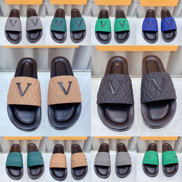 

men designer slides l and v waterfront slippers paris embossed monograms sandals slide flat mens pool sliders summer shoes beach pool slides, Black