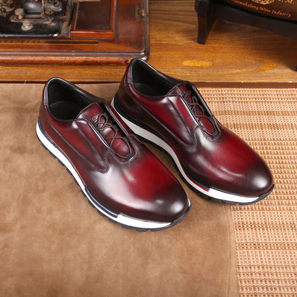 

berluti shoes high end men's sports leather shoes casual business comfortable walking retro craftsmanship handmade and hand-painted, Red;white