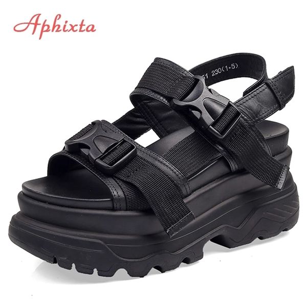 

sandals aphixta 8cm platform women wedge high heels shoes buckle leather canvas summer zapatos mujer wedges woman sandal 230411, Black