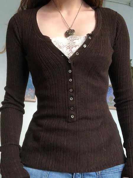 

men's tshirts vintage crop women lace button t shirt female long sleeve knitted sweater ladies solid basic slim tee spring autumn 23041, White;black