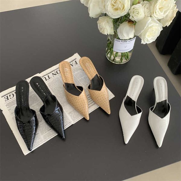 

baotou half slippers women's shoes wear 2023 new slim pointed thin heel shallow cut french high heel muller shoes outside 230411, Black