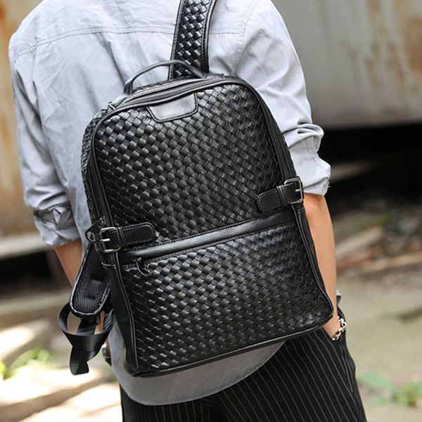 

luxury design woven backpack men fashion business lapbag mens backpack travel high capacity backbag male pu leather bags 230411