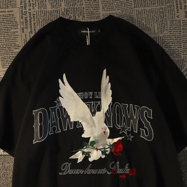 

men's tshirts american retro rose cotton short sleeved tshirt men and wo 2023 summer ins loose oversize t shirt harajuku clothing 23041, White;black