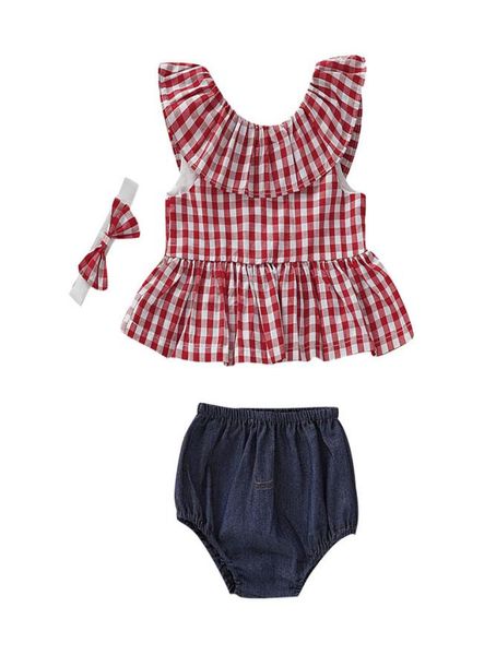 

baby girl clothes set kids short suit summer girl striped square sleeveless round neck ruffle black triangle shorts headband 37196070, White
