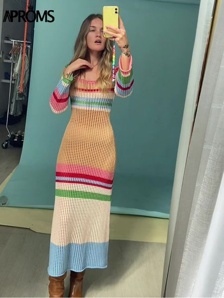 

casual dresses aproms multi striped crochet midi women summer scoop neck hollow out bodycon lady holiday festival long 230411, Black;gray