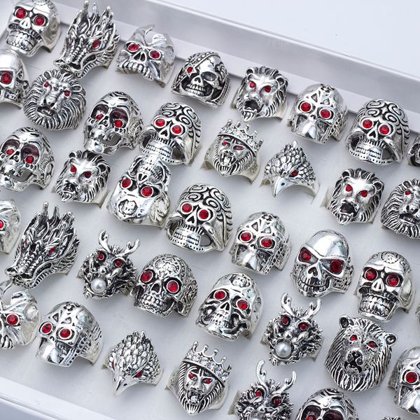 

cluster rings 20 pcslot gothic skull rings for men women metal rock punk crystal totem dragon lion head designer jewelry accessories anillos, Golden;silver