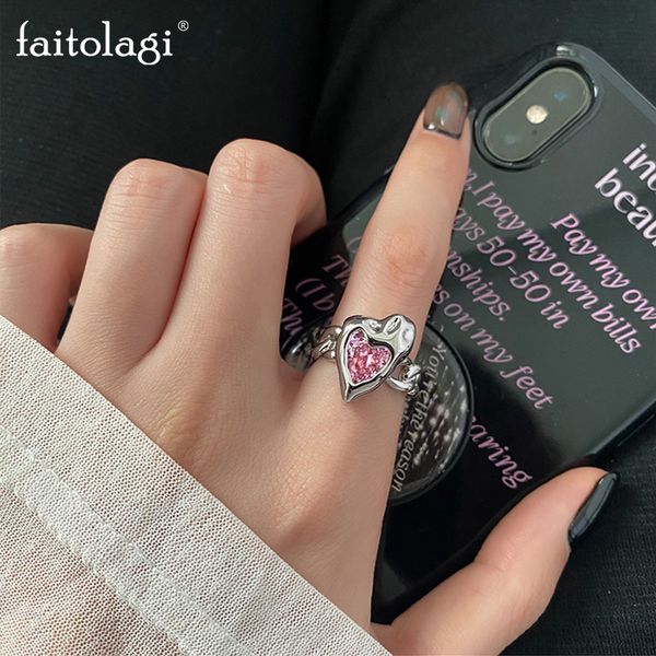 

band rings irregular pink crystal heart rings creative y2k blue opal broken heart couple rings grunge purple pink zircon open rings jewelry, Silver