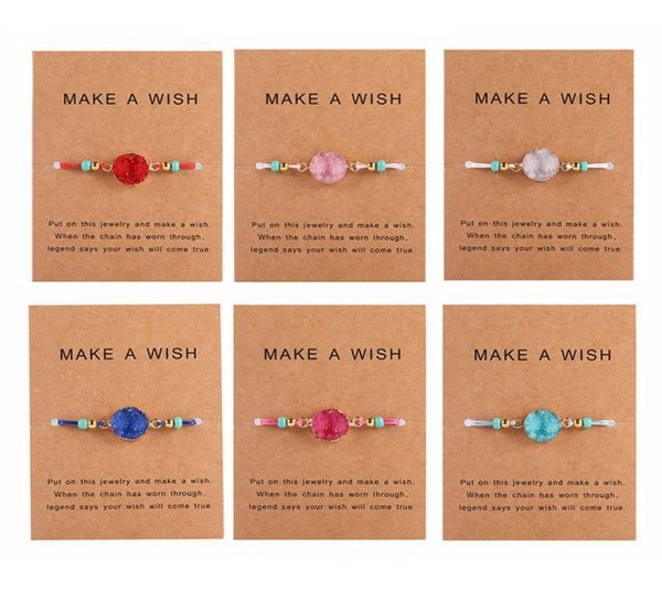 

fashion druzy resin stone bracelet with make a wish gift card braided string rope beads bangle for women men handmade jewelry6460189, Golden;silver