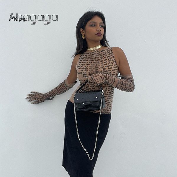 

men's tshirts ahagaga tee tshirt women winter casual letter print skinny see through with gloves cropped shirt female blusas 230411, White;black