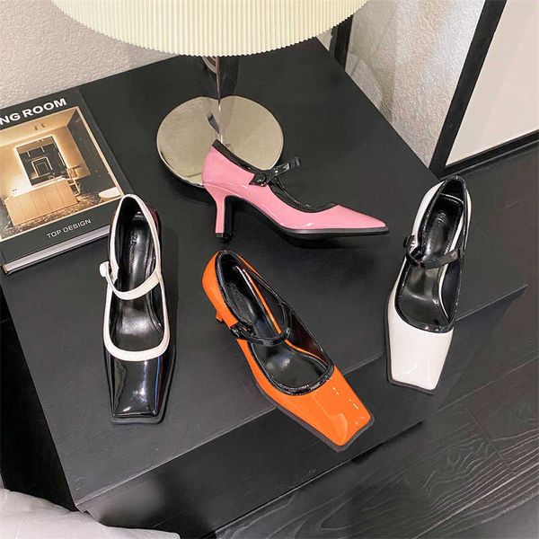 

design sense niche french color matching square toe mary jane single shoe women's shoes 2023 new high heels 230411, Black
