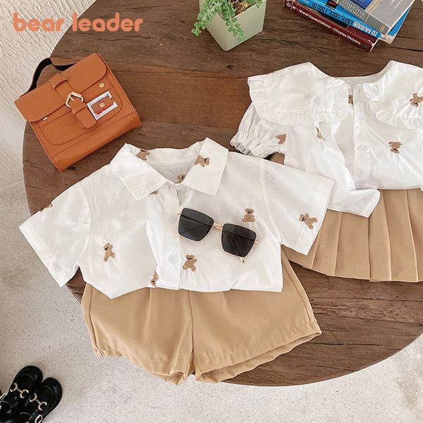 

clothing sets bear leader baby clothes brother and sister matching outfits summer korean boys shirt shorts suit girls blouse skirts set 2304, White