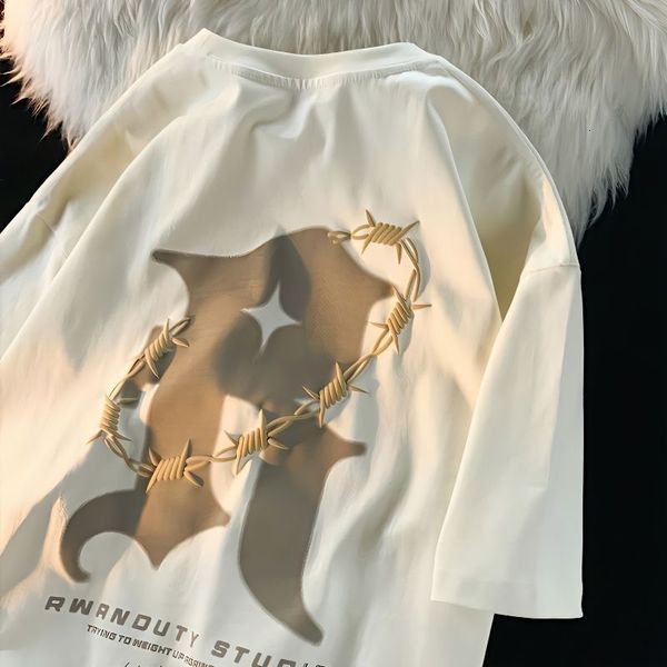 

women's tshirt summer american retro short sleeved tshirt men ins trend all match ruffian handsome loose version couple outfit pure cot, White