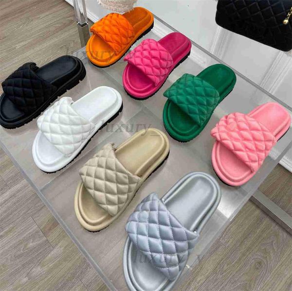 

designer pool pillow slippers women comfort mules fashion smooth calfskin slippers nylon wide strap filled printed leather sunset flat sanda, Black