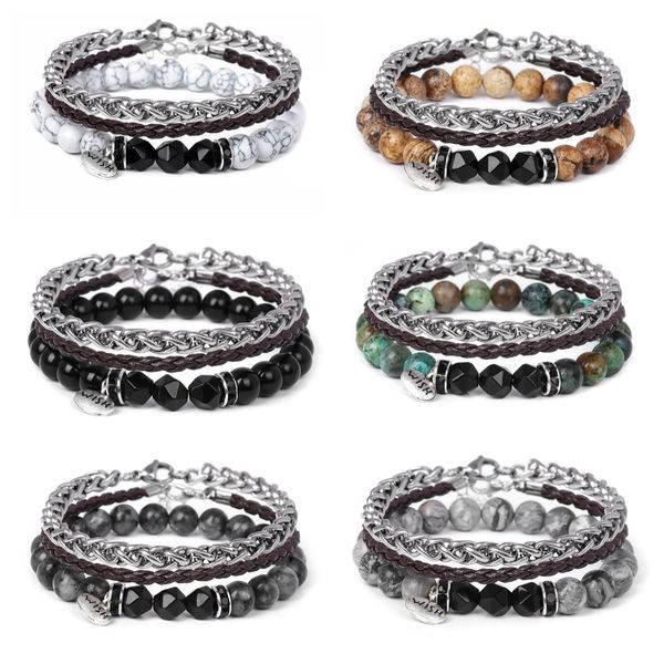 

steel alloy chain bracelet men's chakras natural stone beads vintage leather rope three piece set bracelet, Black