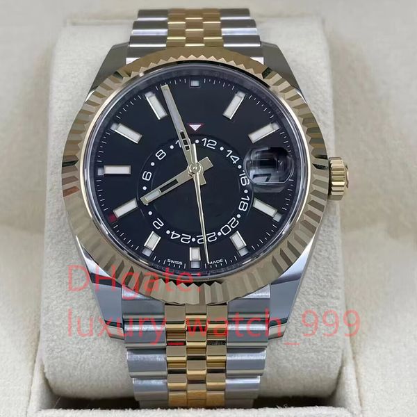 

mens watch automatic mechanical 18k gold stainless steel 42mm skydweller 326933 classic black dial business master wristwatch with original, Slivery;brown