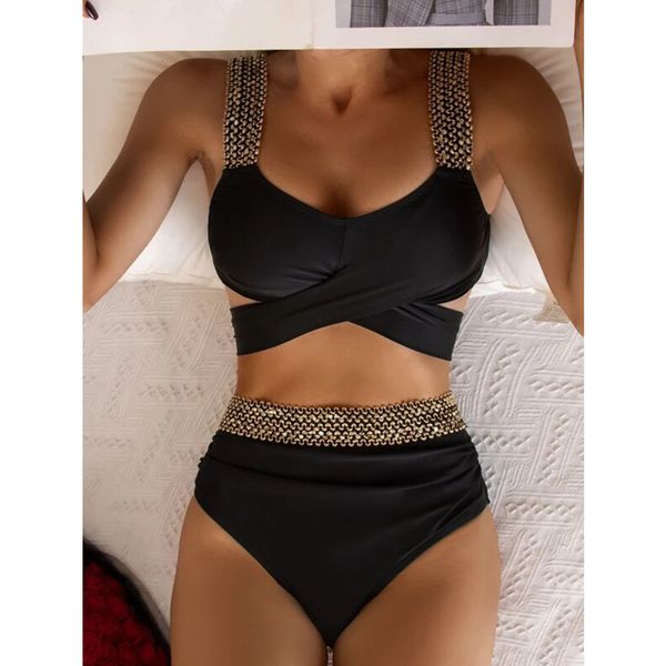 

swim wear women two piece cross wrap bathing suit tie back high waist tummy control swimsuit curvy bikini set swimwear biquini 230411