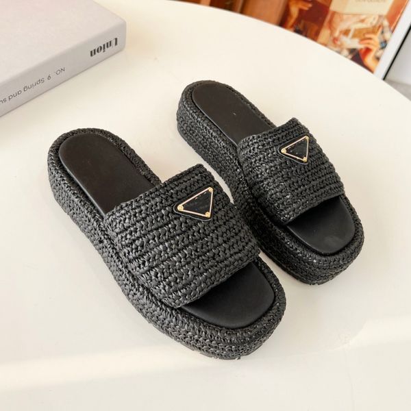 

pp straw raffia rope knit slippers slide summer platform wedge sandals shoes slip-on metal triangle logo flats sandal women luxury designer, Black