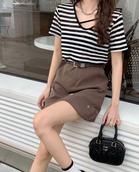 

women's t-shirt candy colored girl's style collarbone thin base t-shirt summer casual loose outwear stripe tencel wool short tee, White