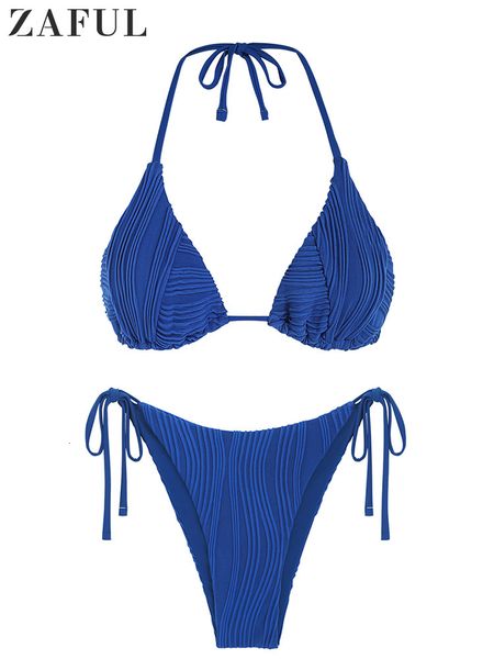 

women's swimwear backless triangle swimsuit halter high cut thong bikini set textured tie side bathing suit solid 2023 230411, White;black