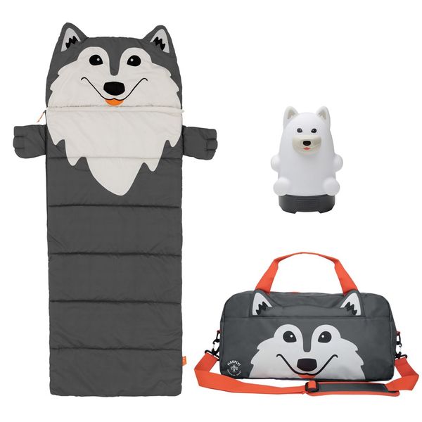 

aspen the wolf kid is 3 piece camping combo set (duffel bag, sleeping bag, lantern)
