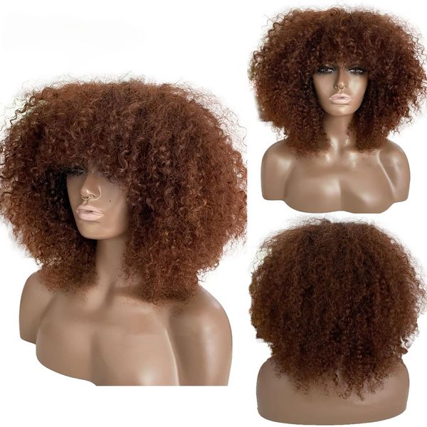 

afro bob curly human hair wigs with bangs none full lace front short wigs brown color highlight ombre blonde for women 180% synthetic, Black